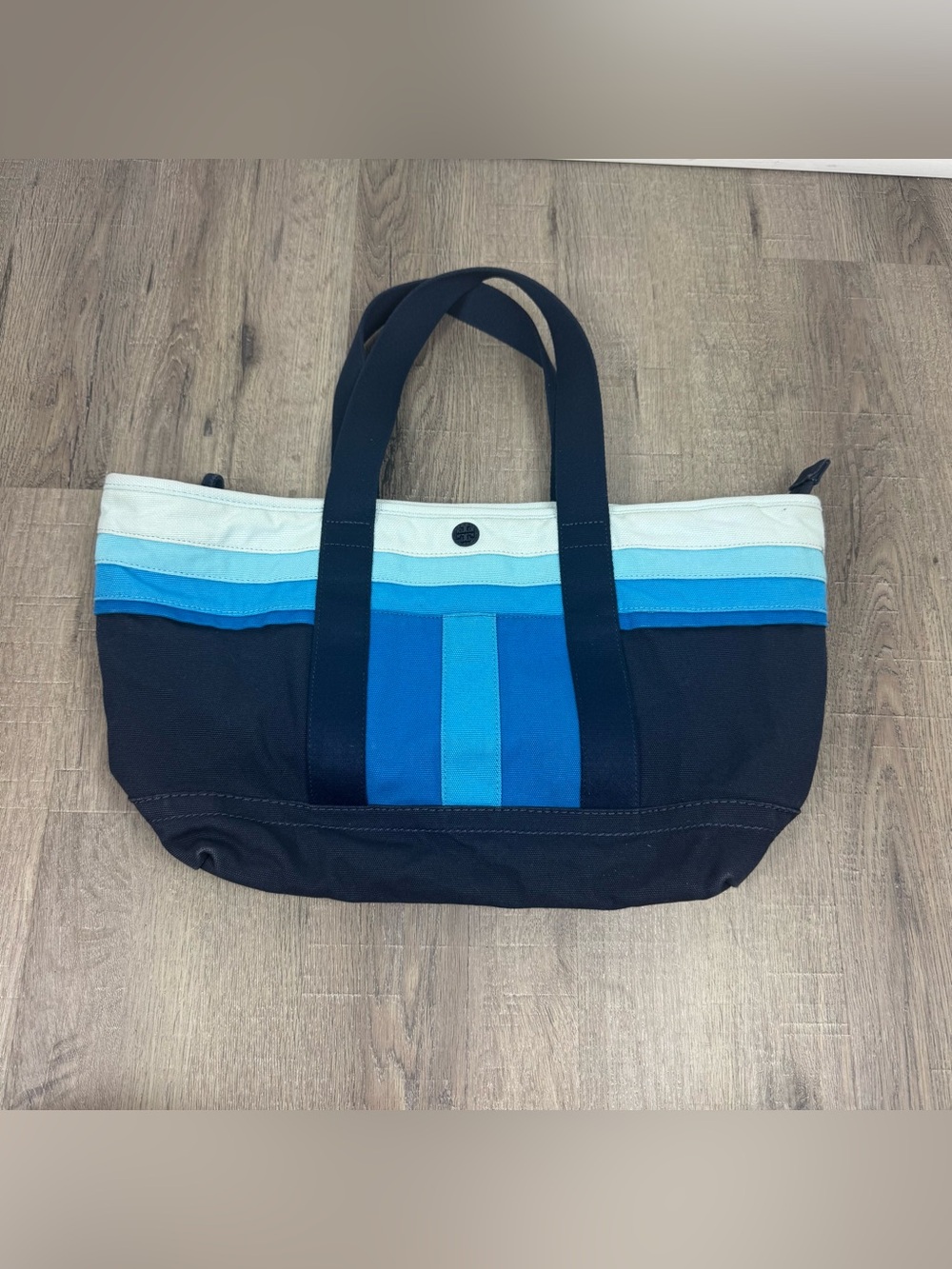 Tory Burch Colorblock Canvas Tote Bag Blue Navy Stripe Shoulder Travel Classic